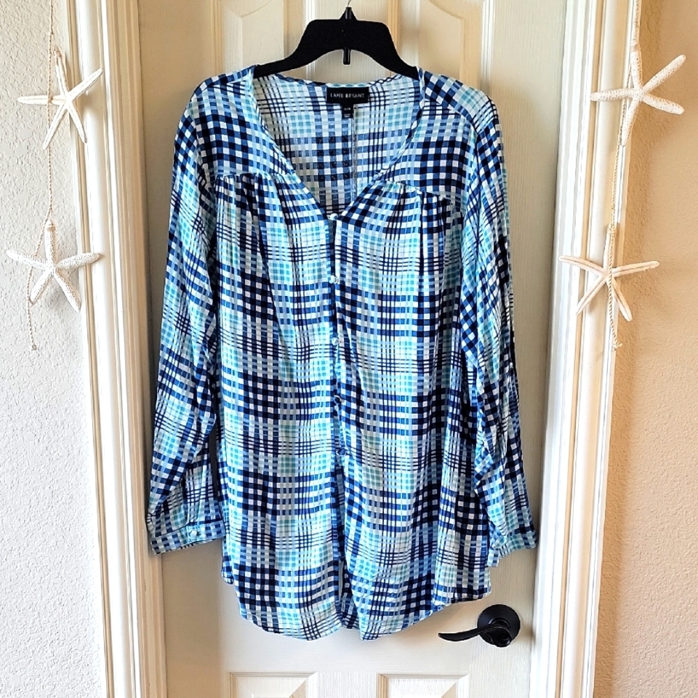 Lane Bryant Blue Plaid Buttoned Blouse